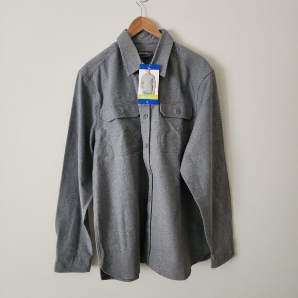 NWT Eddie Bauer Mens Double Brushed Chamois Button-Down Shirt Cotton Grey Size L - Picture 1 of 6